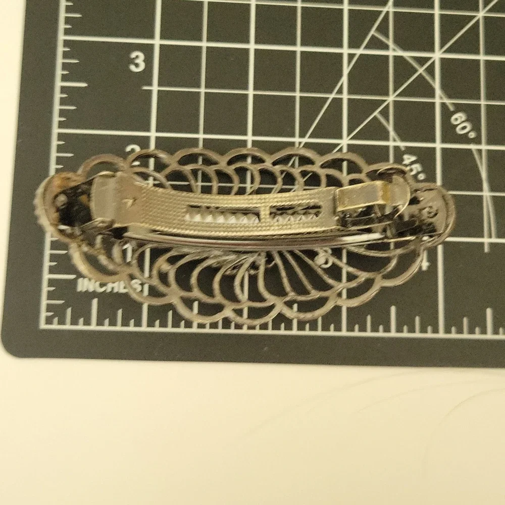 Vintage Style Silver Tone Filigree Rhinestone Hair Barrette Clip 3.5
